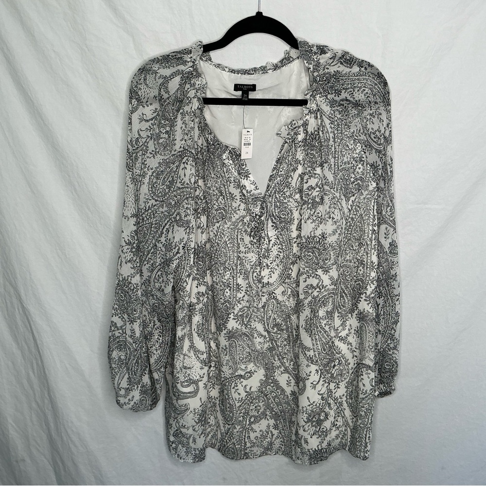 NWT Talbots White Paisley Peasant Blouse Women’s Size 2X Cottagecore Office Work